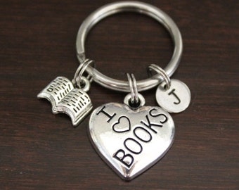 I Love Books Key Ring/ Keychain / Zipper Pull - Book Keychain - Book Lover Gift - Bookworm Gift - Librarian Gift - Librarian Keychain-I/B/H