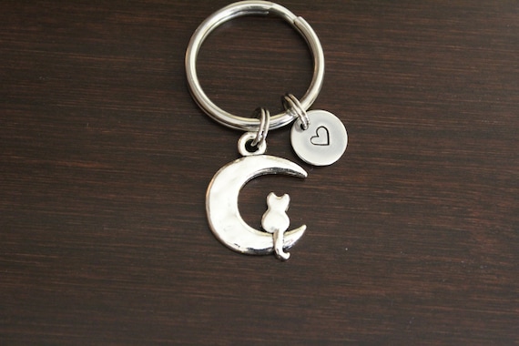 Cat Key Ring/ Keychain / Zipper Pull - Cat Gift - Cat Lover - Cat Accessory - Vet Gift - Animal Shelter Gift - Cat Charm - Cat & Moon-I/B/H