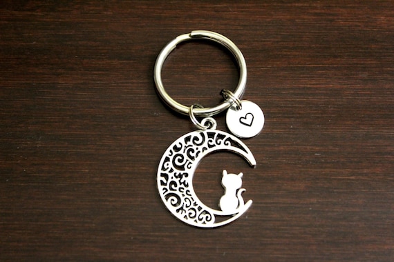 Cat Key Ring/ Keychain / Zipper Pull - Cat Gift - Cat Lover - Cat Accessory - Vet Gift - Animal Shelter Gift - Cat Charm - Cat & Moon-I/B/H