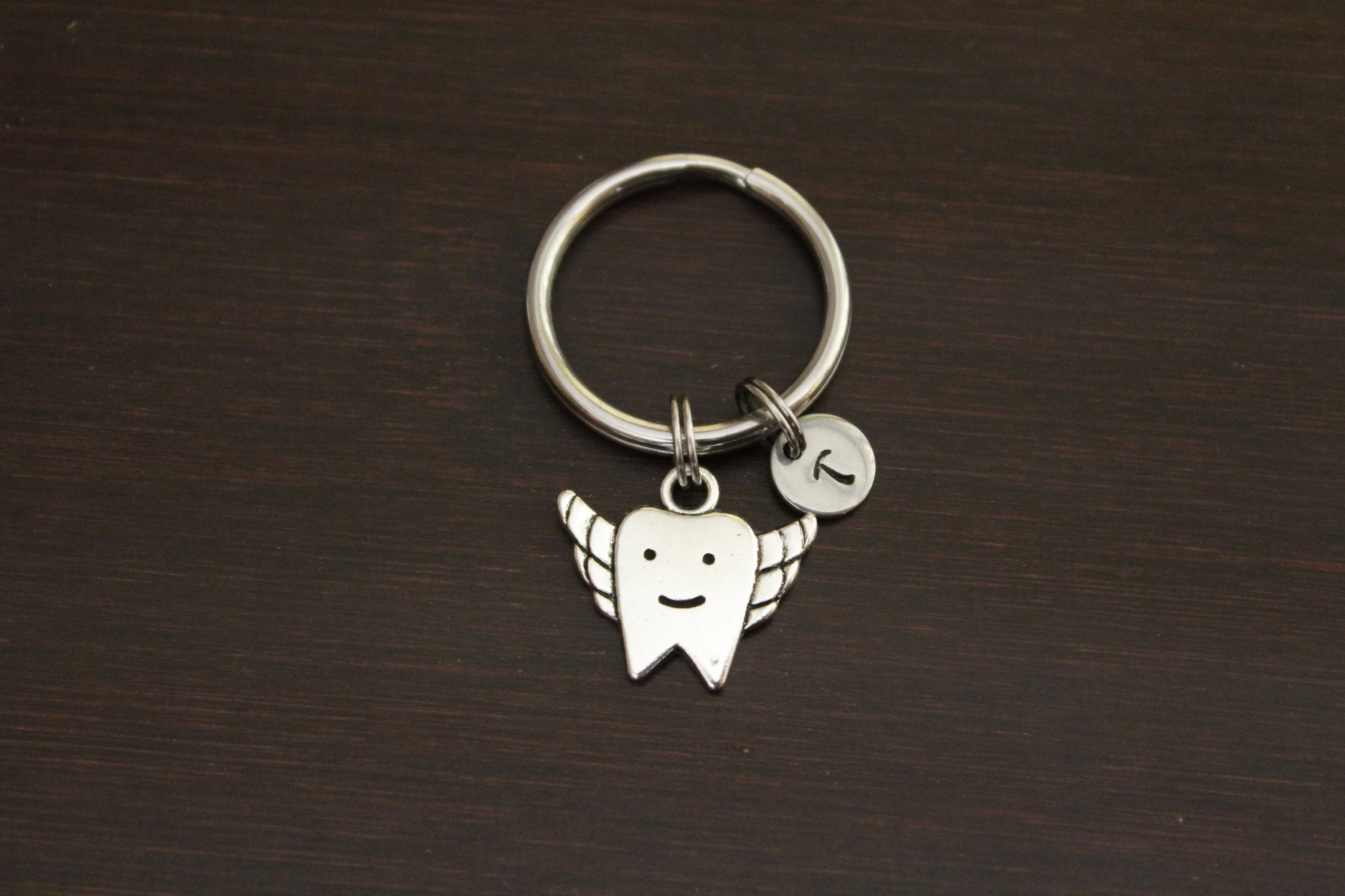 Tooth Fairy Keychain, Silver Tooth With Wings Charm, Tooth Fairy
