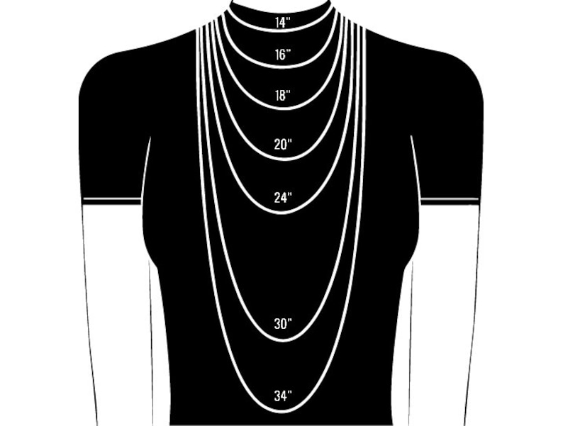 May include: A black and white illustration of a person wearing a necklace with different lengths marked in inches, from 14 inches to 34 inches.