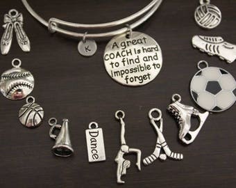 A Great Coach Is Hard To Find And Impossible To Forget Bangle - Sports Bangle - Coaching Gift - Multiple Sport Charm Option - I/B/H