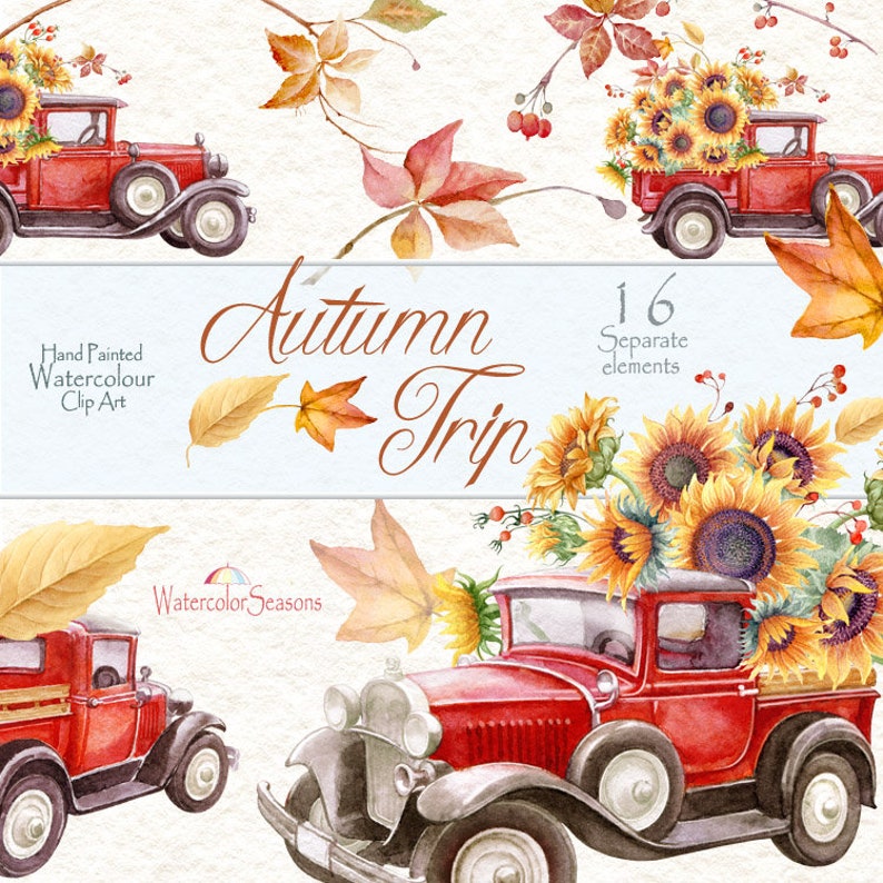 Download Red Truck with Sunflowers Autumn Watercolor Hand painted ...
