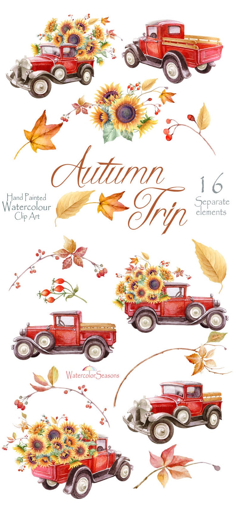 Download Red Truck with Sunflowers Autumn Watercolor Hand painted ...