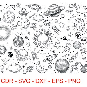 May include: A black and white hand-drawn illustration of various space-themed elements, including planets, stars, comets, rockets, and astronauts. The illustration is perfect for use in a variety of creative projects, such as scrapbooking, card making, and digital design.
