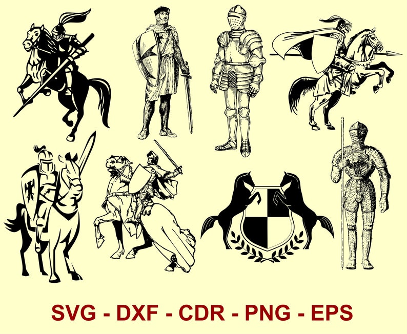 K&ouml;nnte beinhalten: Ein Satz Schwarzwei&szlig;-Vektorillustrationen von Rittern, Pferden und Schilden. Die Illustrationen sind im mittelalterlichen Stil gehalten und weisen detaillierte Designs auf.