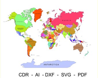 Mapa-múndi detalhado em SVG, arquivo para corte a laser, mapa-múndi em DXF, mapa-múndi em SVG, clipart de mapa-múndi em SVG com silhueta, mapa-múndi vetorial digital, cdr, dxf