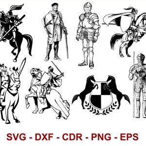 K&ouml;nnte beinhalten: Schwarz-wei&szlig;e Vektorillustrationen von Rittern, Pferden und Schilden. Die Illustrationen sind im mittelalterlichen Stil gehalten und zeigen detaillierte R&uuml;stungen, Waffen und Flaggen.