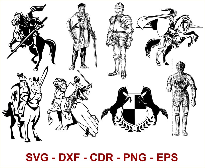 K&ouml;nnte beinhalten: Schwarz-wei&szlig;e Vektorillustrationen von Rittern, Pferden und Schilden. Die Illustrationen sind im mittelalterlichen Stil gehalten und zeigen detaillierte R&uuml;stungen, Waffen und Flaggen.