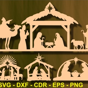 Kerststalvector, kerstballen vector, kerstboomversieringen, houten kerstspeelgoed, svg-bestanden voor cricut, kerststal, dxf