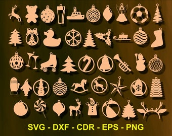 Vetor de decorações de Natal, arquivos de corte vetorial Glowforge, decorações para árvores de Natal, brinquedos de madeira de Natal, arquivos SVg para cricut, DXF, PNG