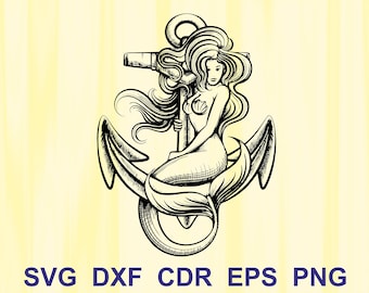 Mermaid and Anchor svg, Anchor svg, Mermaid tail svg, Mermaid, Anchor, Mermaid vector, Svg files for cricut, Glowforge,Old school sea tattoo