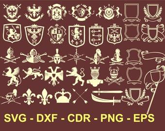 Pacote de escudo svg, ornamento, heráldico svg, escudo svg, coroa svg, vetor de escudo, arquivo cdr, arte ai dxf, vetor para laser, cavalaria