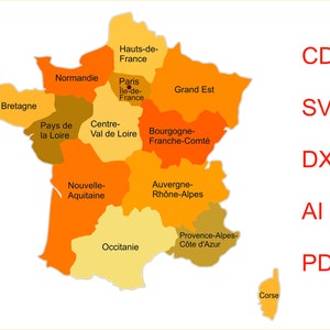 Mapa Francji SVG, Mapa wektorowa Francji, Mapa Francji dxf, Mapa Francji AI, Mapa Francji dla cricut, Stany Francji, Cdr, Pdf, AI, dxf, svg