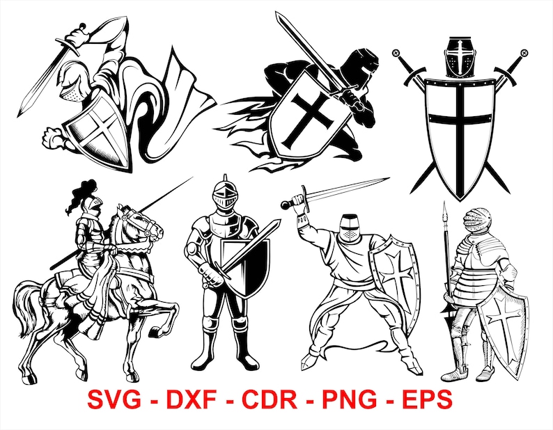 Pode incluir: Ilustra&ccedil;&atilde;o vetorial em preto e branco de seis cavaleiros em v&aacute;rias poses, incluindo um cavaleiro a cavalo, um cavaleiro segurando uma espada e um escudo, e um cavaleiro com uma lan&ccedil;a. Os cavaleiros usam armadura e capacetes, e alguns seguram espadas ou escudos. A ilustra&ccedil;&atilde;o &eacute; de estilo medieval.