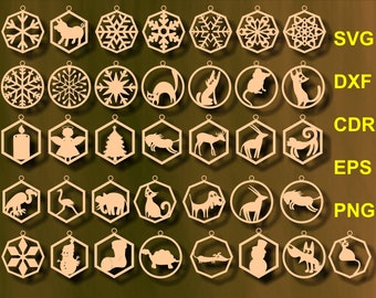 Vetor de bolas de Natal, arquivos de corte vetorial Glowforge, decorações para árvores de Natal, brinquedos de madeira de Natal, arquivos SVg para cricut, DXF, PNG