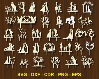 Topo de bolo de casamento svg, Topo de bolo CNC para noivas e noivos para máquina a laser, Topo de bolo de casal Sr. e Sra. Topo de bolo personalizado Cricut Silhouette