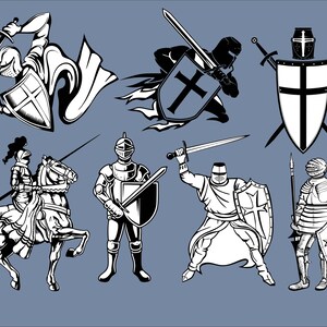 Pode incluir: Um conjunto de ilustra&ccedil;&otilde;es em preto e branco de cavaleiros com armadura, alguns segurando espadas e escudos, outros montando a cavalo. Os cavaleiros usam capacetes e t&ecirc;m cruzes em seus escudos.