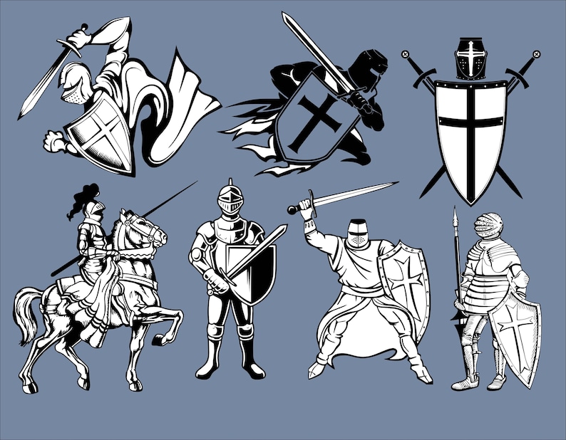 Pode incluir: Um conjunto de ilustra&ccedil;&otilde;es em preto e branco de cavaleiros com armadura, alguns segurando espadas e escudos, outros montando a cavalo. Os cavaleiros usam capacetes e t&ecirc;m cruzes em seus escudos.