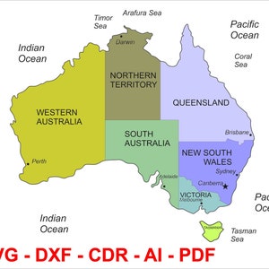Carte de l'Australie SVG, carte vectorielle de l'Australie, carte dxf de l'Australie, carte de l'Australie IA, carte de l'Australie pour cricut, États-Unis d'Australie, Cdr, Pdf