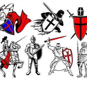 Pode incluir: Ilustra&ccedil;&atilde;o em preto e branco de oito cavaleiros com espadas e escudos. Os cavaleiros usam armaduras e capacetes. Alguns cavaleiros seguram espadas, enquanto outros seguram escudos. Os escudos t&ecirc;m cruzes.