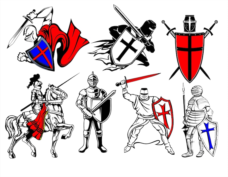 Pode incluir: Ilustra&ccedil;&atilde;o em preto e branco de oito cavaleiros com espadas e escudos. Os cavaleiros usam armaduras e capacetes. Alguns cavaleiros seguram espadas, enquanto outros seguram escudos. Os escudos t&ecirc;m cruzes.