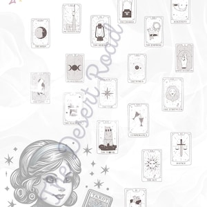 Op de afbeelding: Een grafische illustratie van een persoon die een kaart vasthoudt met het label Tarot Reader, omringd door diverse tarotkaarten waaronder The Moon, The Hermit, The Chariot, The Empress, Judgement, The High Priestess, The World, Wheel of Fortune, The Lovers, The Star, The Strength, The Magician, The Tower, Temperance, Justice, The Sun en The Fool, met een bezem en sterren.