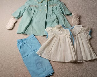 Lote Vintage Azul com Vestido e Calça Plissados ​​para Bebê Menina de 24 Meses