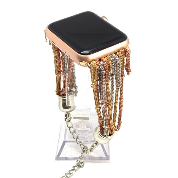 Redesigned! Tri Color Micro Chain Apple Watch Band 38mm 42mm 40mm 44mm Women Bracelet iWatch Strap Rose Gold Silver Gold TimeKitsUSA