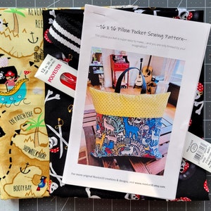May include: A sewing pattern for a 16-inch by 16-inch pillow pocket. The pattern is printed on white paper with a photo of a finished pillow pocket. The pillow pocket is made with a yellow and black polka dot fabric and a colorful fabric with a jungle animal print. The text on the pattern reads "--16 x 16 Pillow Pocket Sewing Pattern-- This pillow pocket is super easy to make... and you are only limited by your imagination!" and "For more original Novice10 creations & designs, visit www.novice10.etsy.com."