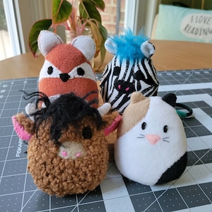 Pipsqueak Friends Schnittmuster, Mini Squish Kissen Schlüsselanhänger Spielzeug, Highland Kuh, Zebra, Hamster, Fuchs, digitales Schnittmuster