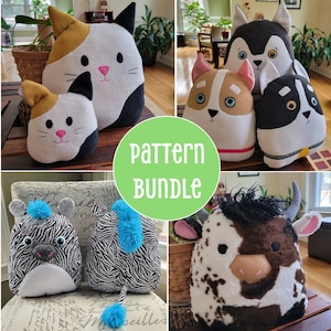 Paquete de patrones de costura fáciles para principiantes: peluches kawaii de vaca de las Tierras Altas, gato calicó, cebra y cachorro. Patrón de costura ilustrado.