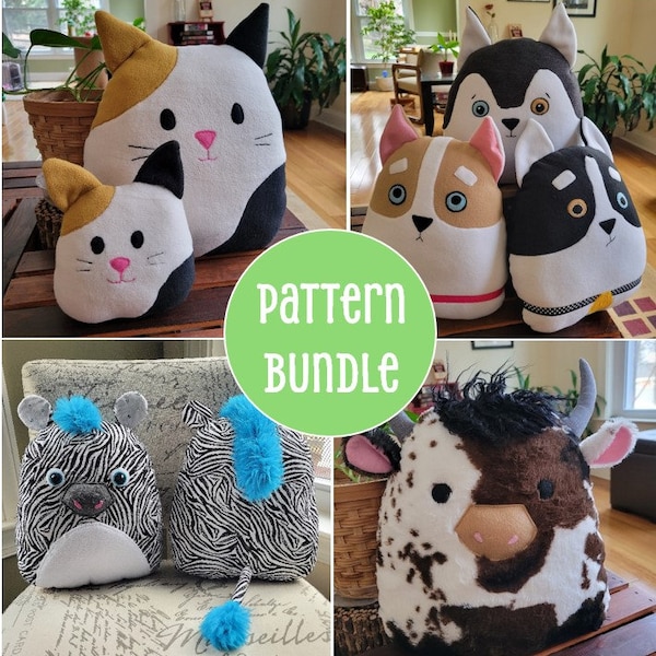 Easy Beginner Squish Sewing Pattern Bundle- Highland Cow, Calico Cat, Zebra, Puppy Dog Kawaii Plushies, Picture Illustrated Sewing Pattern