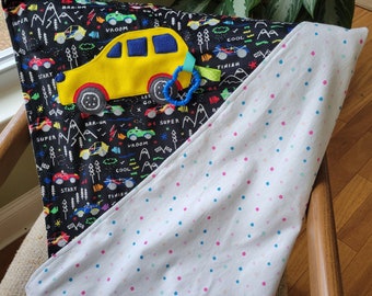 Race Car Fuzzy Lovey Blanket, Soft Handmade Minky & Flannel Big Blanket w/ Ribbons, Car Birthday and Welcome Home Gift for Boy and Girl