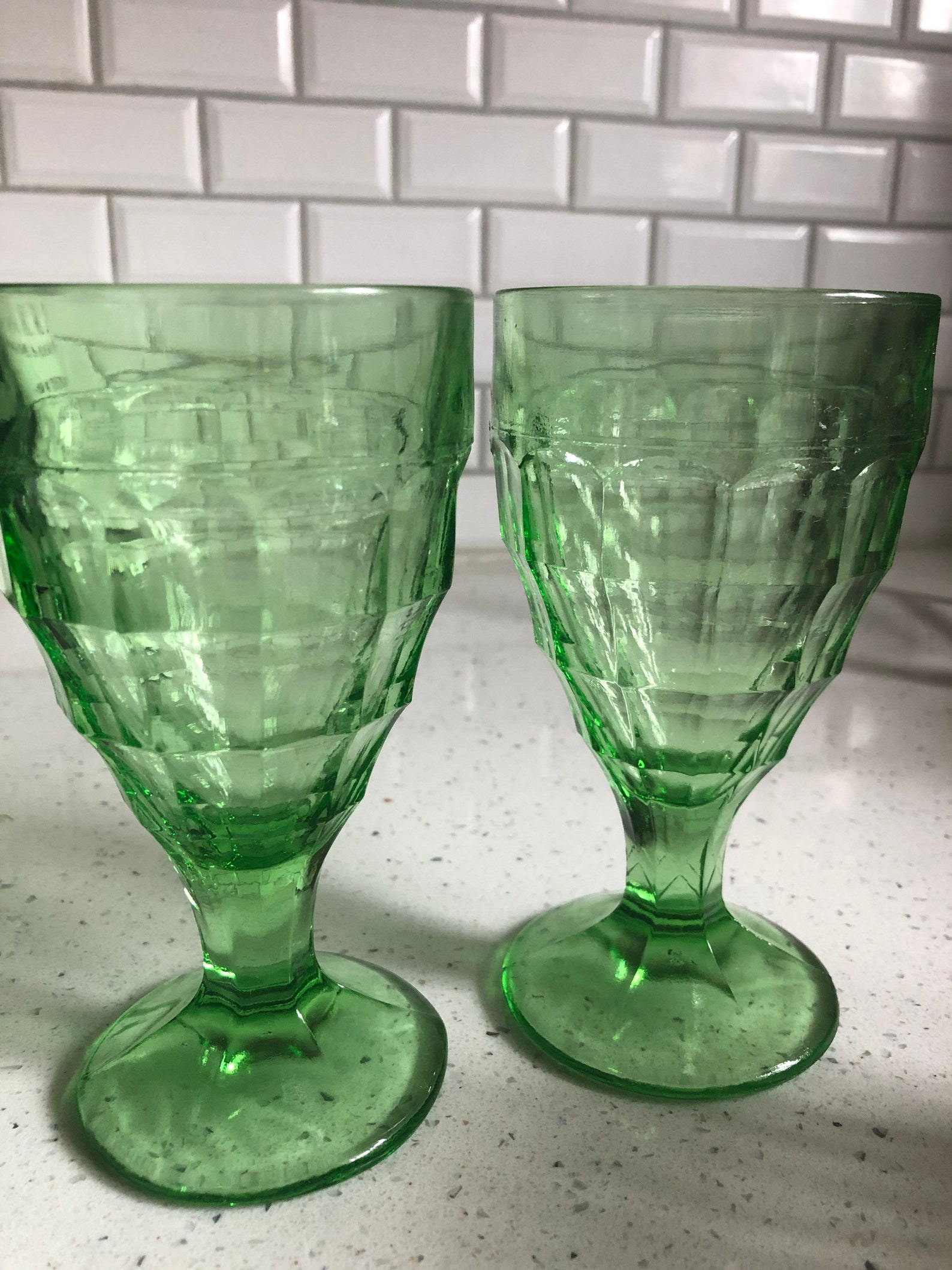 Hazel Atlas Colonial Block Vaseline Glass Goblets 4 Etsy