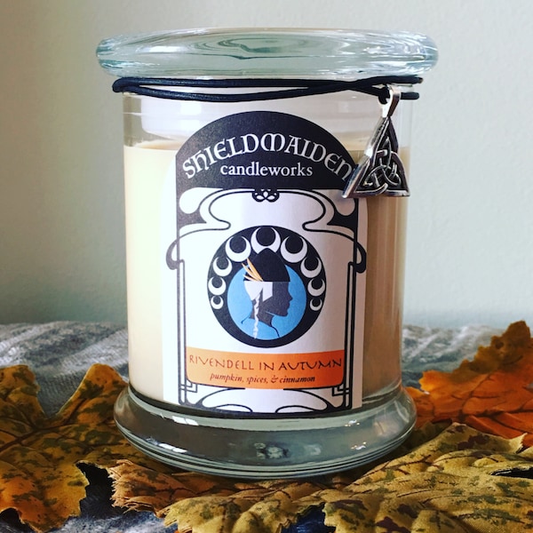 Pumpkin Spice cinnamon clove vanilla candle "Autumn in Rivendell" 12oz 8oz Viking Natural Soy Jar Candle With Lid Shieldmaiden Candleworks