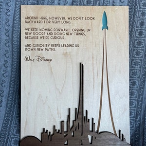 Meet the Robinsons Inspired Keep Moving Forward Quote laser cut Wooden Sign with acrylic rocket inlay