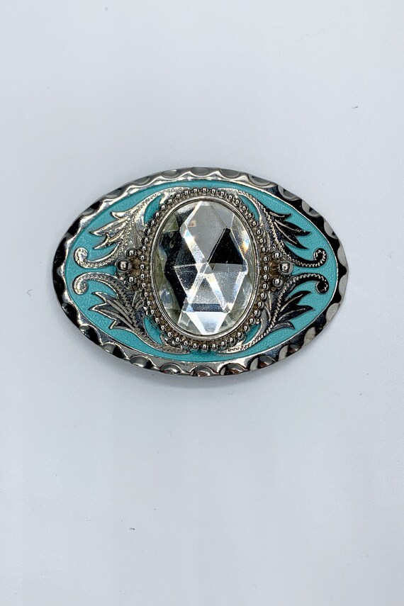 Rhinestone belt buckle turquoise color silver ton… - image 2