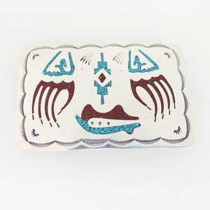 Vintage Navajo Turquoise Coral Inlay Sterling Silver Belt Buckle