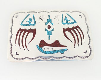Vintage Navajo Turquoise Coral Inlay Sterling Silver Belt  display picture 1