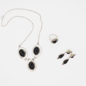 Vintage Navajo Sterling Silver and Black Onyx Necklace, Earrings and Ring Set Ella Peter