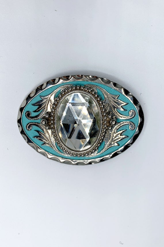 Rhinestone belt buckle turquoise color silver ton… - image 1