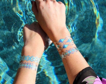 Big Sale! Combo B, 16 pieces Temporary Tattoos Southwest Silver Turquoise Bracelet  Armband, Boho Beach Festivals Metallic  Jewelry Tattoos