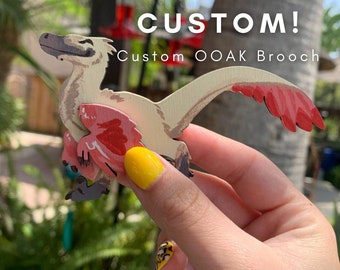 Custom Brooch | Wooden Brooch | Handmade Jewelry | Velociraptor Art | Pastel Aesthetic | Custom Jewelry | Customizable Pin | Custom Badge