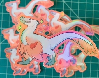 Holographic Velociraptor Dinosaur Sticker | Feathered Dinosaur | Cute Dinosaur Sticker | Pink Aesthetic Stickers |  Iridescent Sticker