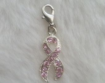 Pink Ribbon Pendant | Pink Ribbon Charm | Rhinestone Pink Ribbon | Breast Cancer Awareness Charm