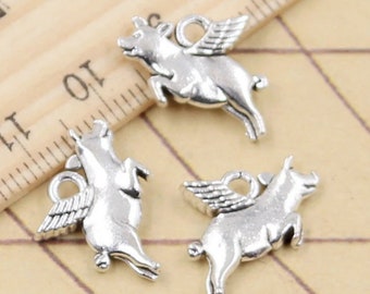 Flying Pig Charms | When Pigs Fly Charms | Flying Pig Jewelry | Gift for Pig Farmer | Gift for Dreamer | Size:15mm x 18mm | THREE (3) CHARMS