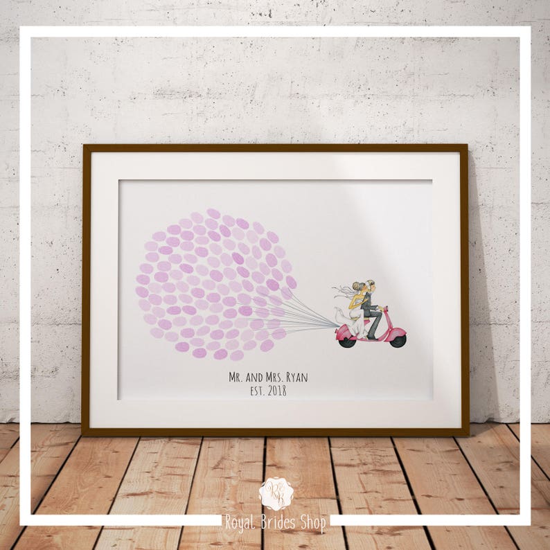 Bride and Groom on Scooter Wedding GuestBook Fingerprint Guestbook Guestbook And Ink Pad Guest Book Alternative