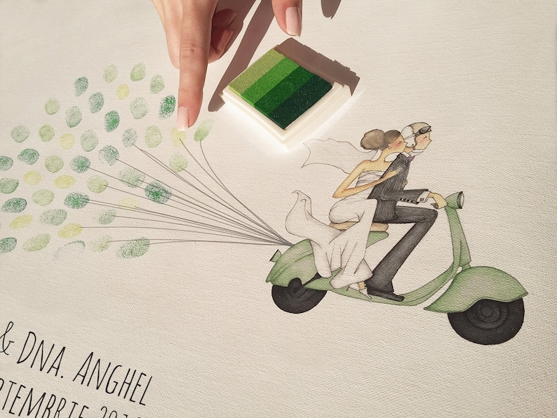 Bride and Groom on Scooter Wedding GuestBook Fingerprint Guestbook Guestbook And Ink Pad Guest Book Alternative