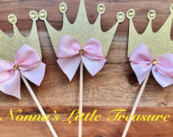 Gold Glitter Princess Crown Centerpiece Picks, Pink Bow Party Decorations (Set of 3)
